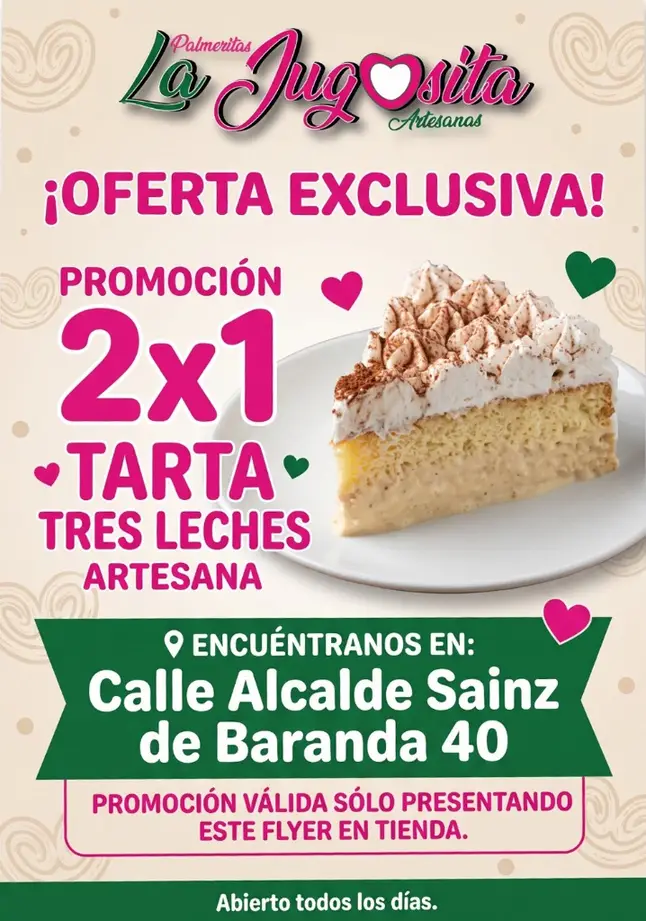 Flyer Promoción 2x1 Tarta Tres Leches Artesana La Jugosita